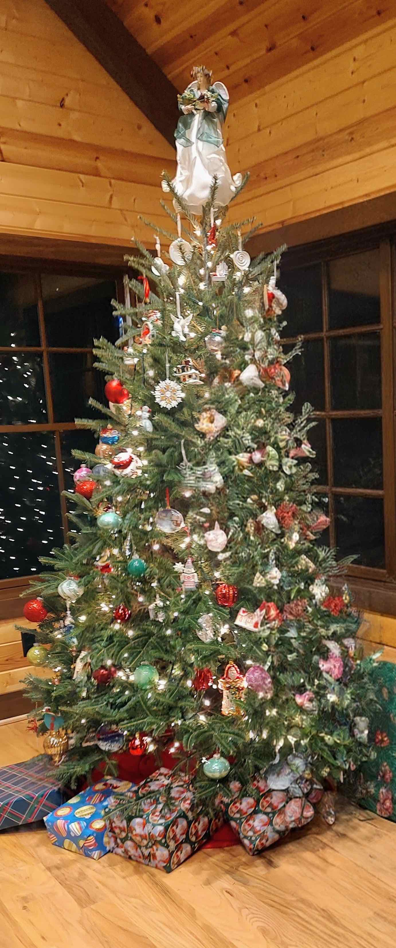 A decorated Fraser Fir Christmas tree from Peach Bottom Christmas Tree Farm in a customer's home